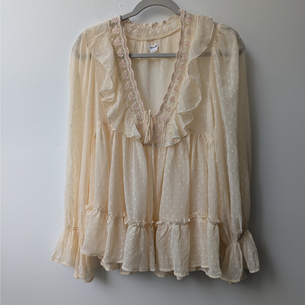 Kimchi Blue Babydoll Top Cream Swiss Dot Embroidered Ruffle Sheer Ethereal XS